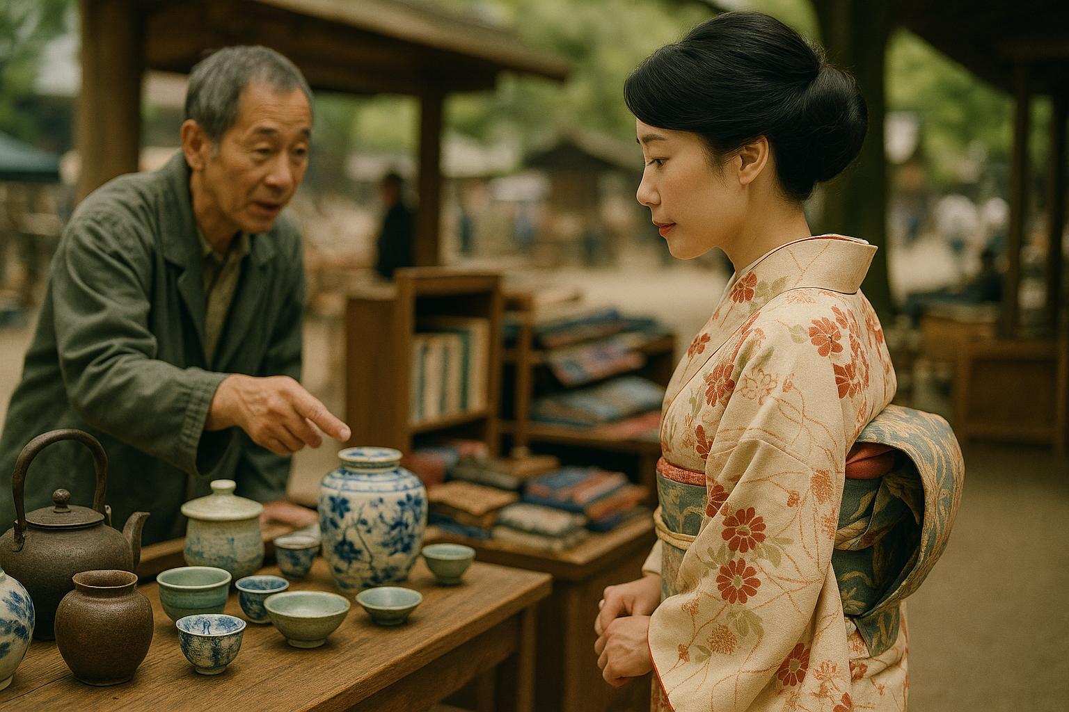 着物姿の女性と骨董