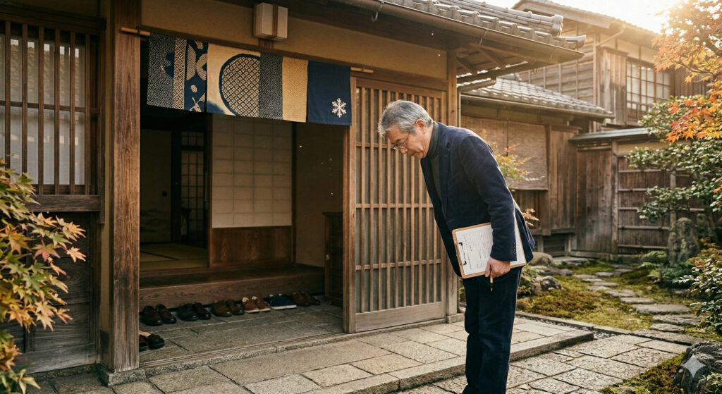 入口で一礼する鑑定士。