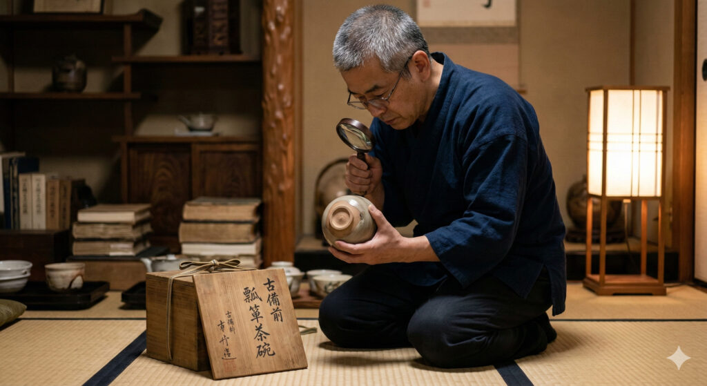 鑑定士が茶碗を鑑定中