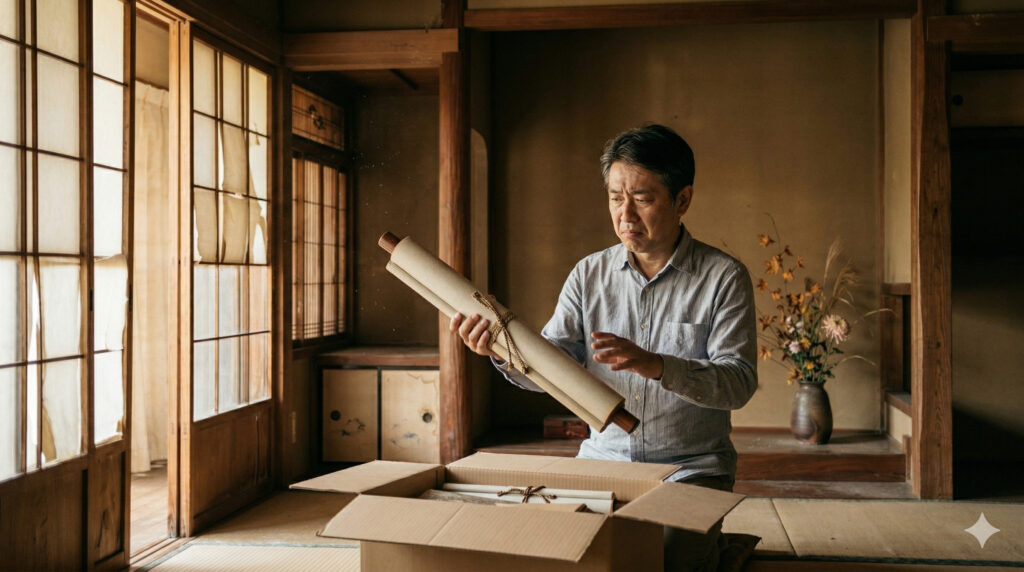 掛け軸を取り出す男性