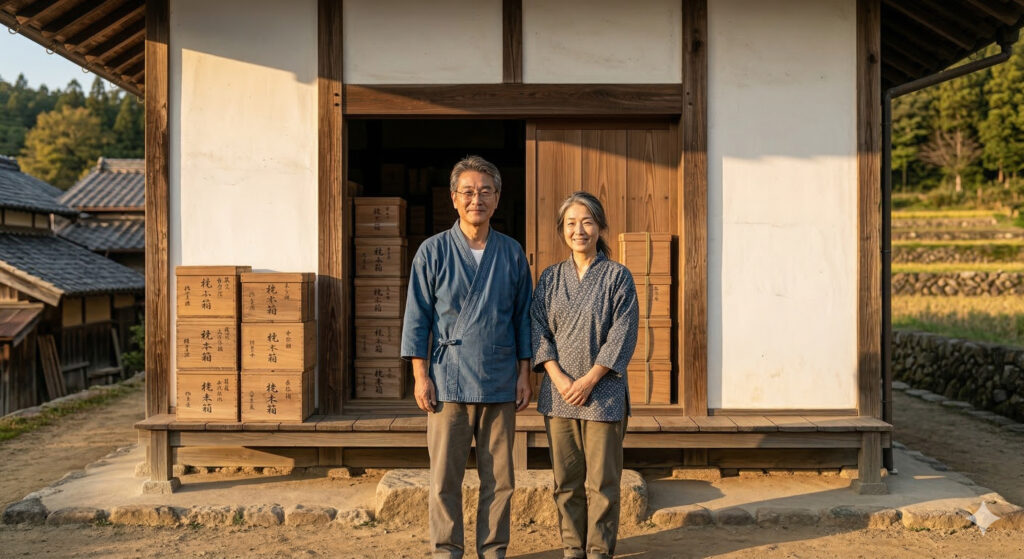 整理された蔵の外観。夕日を浴びて整理された蔵の外観と、満足げなカップル