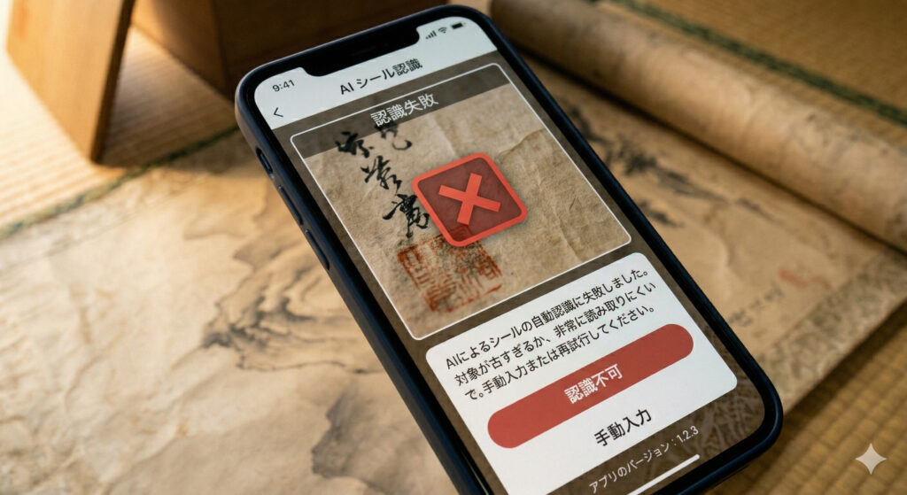 認識失敗画面。スマートフォンがAIシール認識に失敗した画面をクローズアップしている様子