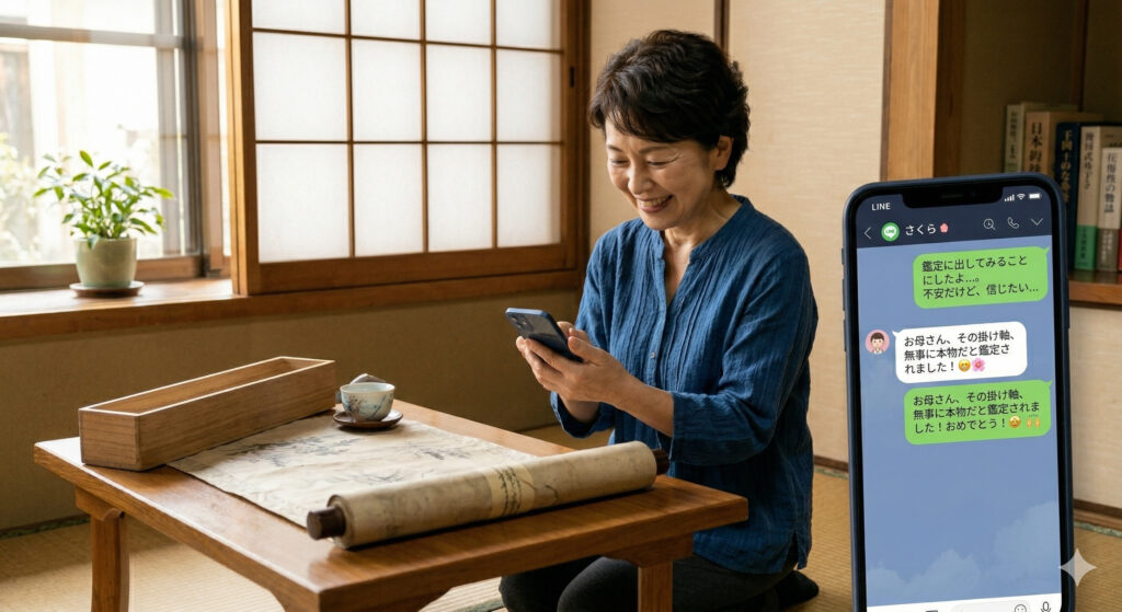 和室で女性がスマートフォンを見ながら安堵の笑みを浮かべている様子