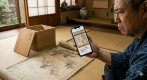 懐疑的な巻物スキャン。和室で男性がスマートフォンを手に、巻物を懐疑的に見ている様子