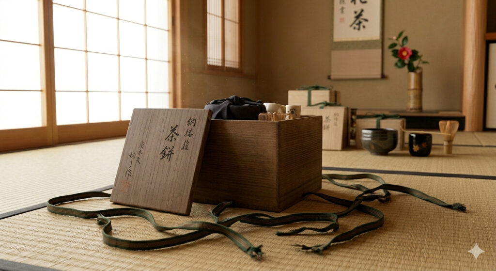 紐が解かれた茶箱。