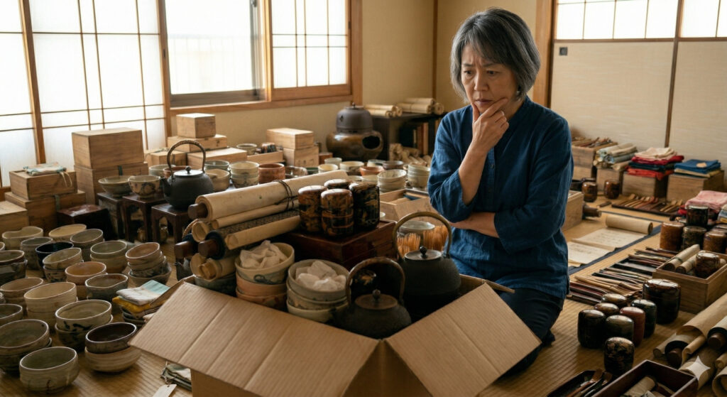 茶道具の段ボールの女性