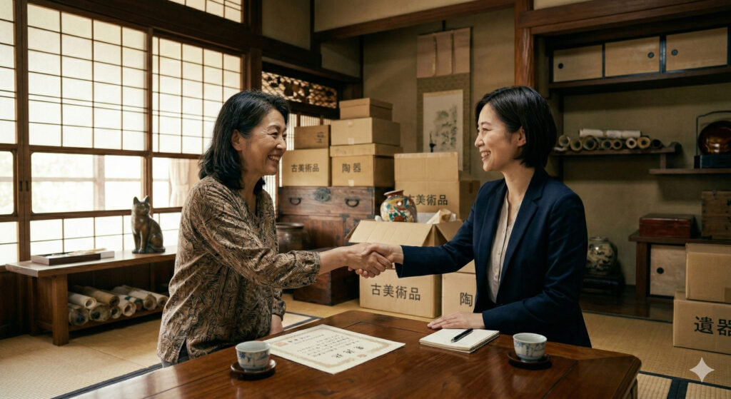 鑑定士と握手する女性。